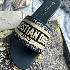 Christian Dior Navy and Cream Slide Sandals